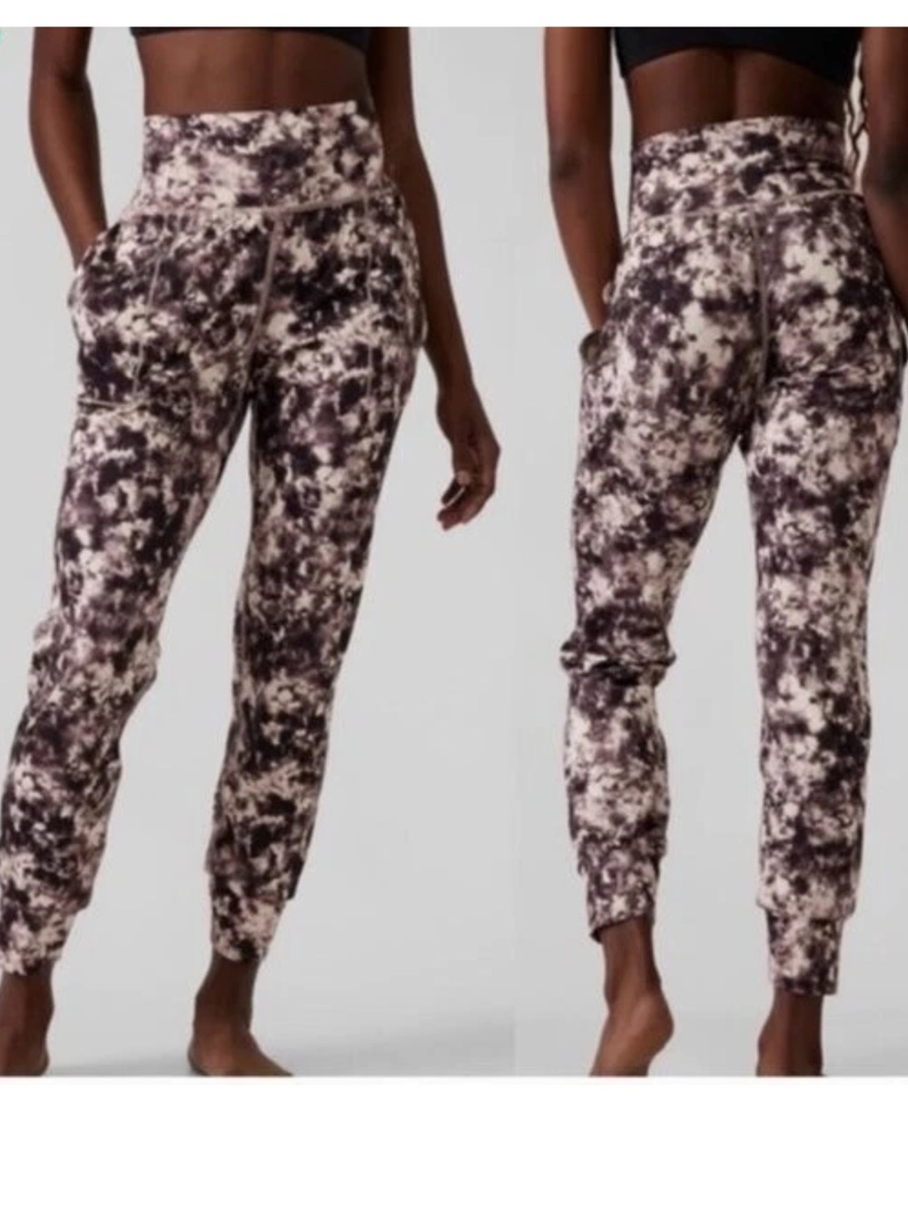 Athleta Salutation Printed Jogger Pants XL Tie Dye Brown Black Ankle Length Pock